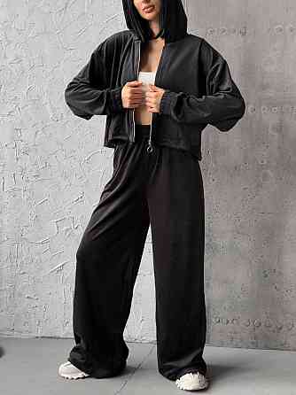 Женский прогулочный костюм двойка: кофта и штаны турецкий велюр Черный, 42/44 Одесса