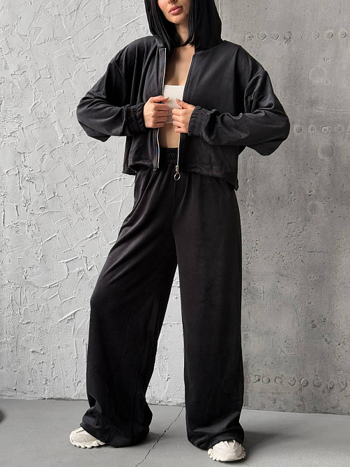 Женский прогулочный костюм двойка: кофта и штаны турецкий велюр Черный, 42/44 Одесса - изображение 1