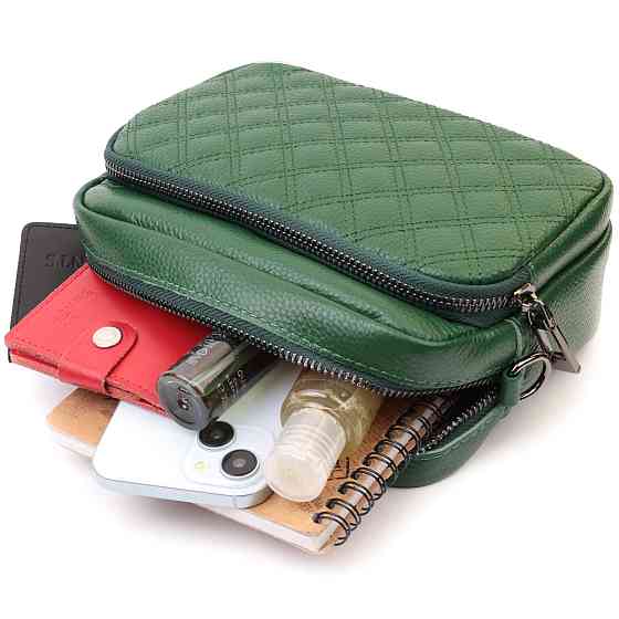 Невелика жіноча сумка прошита ромбами на лицьовій стороні з натуральної шкіри Vintage 22635 Зелена Київ