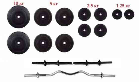 Штанга W-образная + гантели 60 кг с покрытием Гантели, гири, штанги и диски ударостойкий пластик Киев