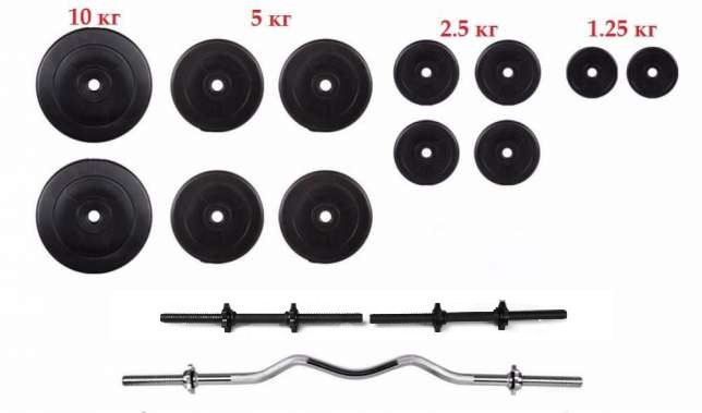 Штанга W-образная + гантели 60 кг с покрытием Гантели, гири, штанги и диски ударостойкий пластик Киев - изображение 2
