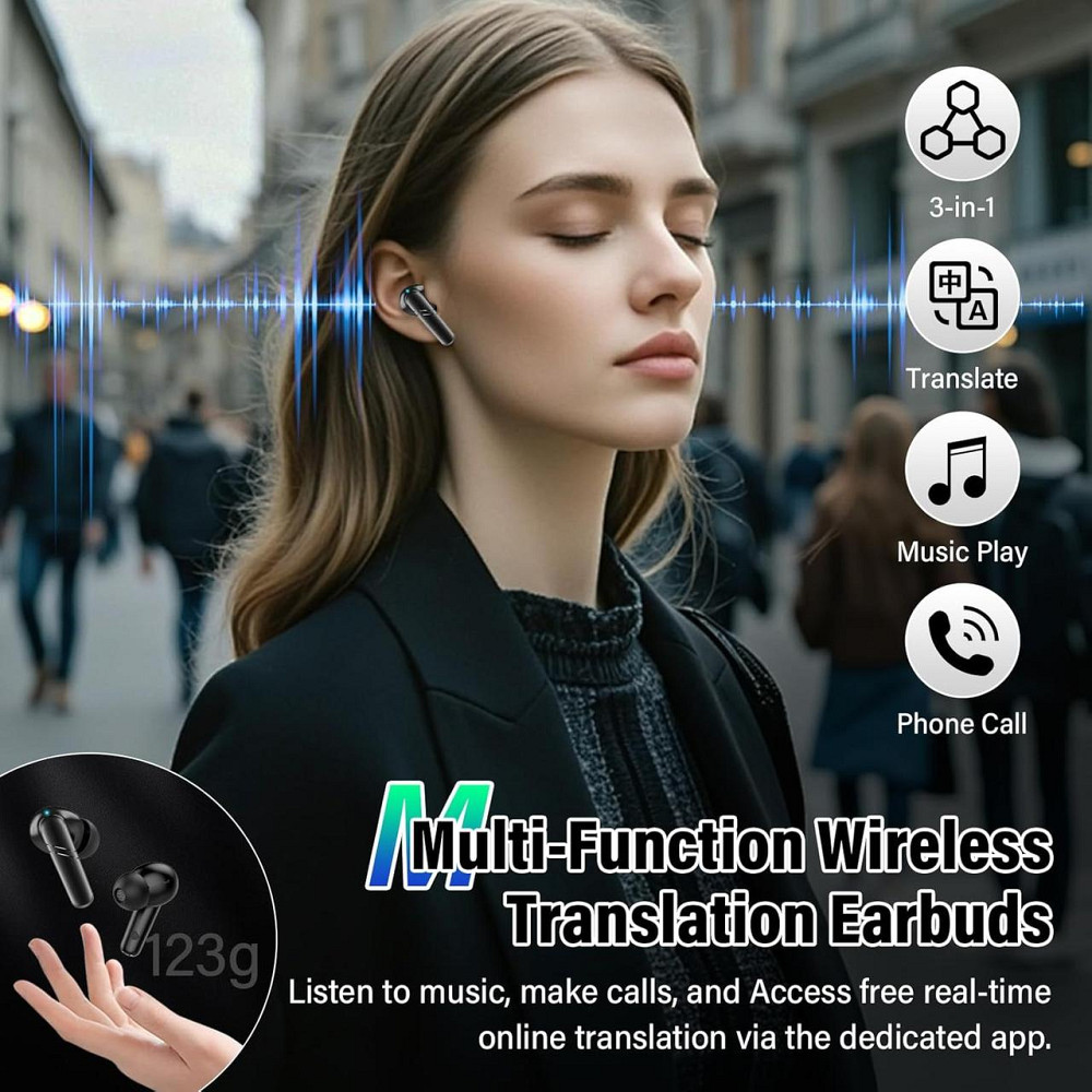 Навушники-перекладач MD037 чорні AI Bluetooth 5.4, 144 мови, 48 год, 4 режими перекладу, ENC, сенсорні, бездротові Київ - фото 7
