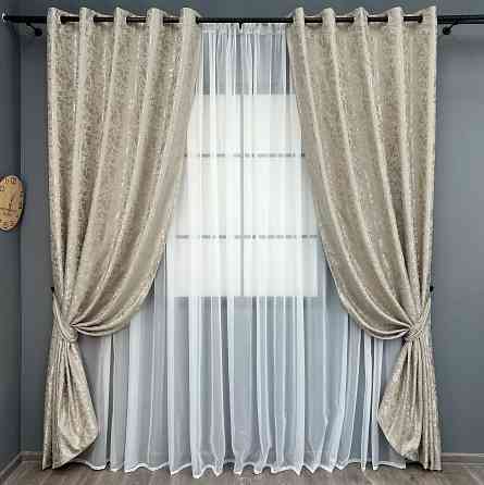 Комплект штор на люверсах VR-Textil Льон мармур Pavliani ХО № 1272ш Теплий бежевий 150х250 см 2 шт (37-0318) Київ