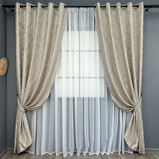 Комплект штор на люверсах VR-Textil Лен мрамор Pavliani ХО № 1272ш Теплый бежевый 150х250 см 2 шт (37-0318) Киев - изображение 2