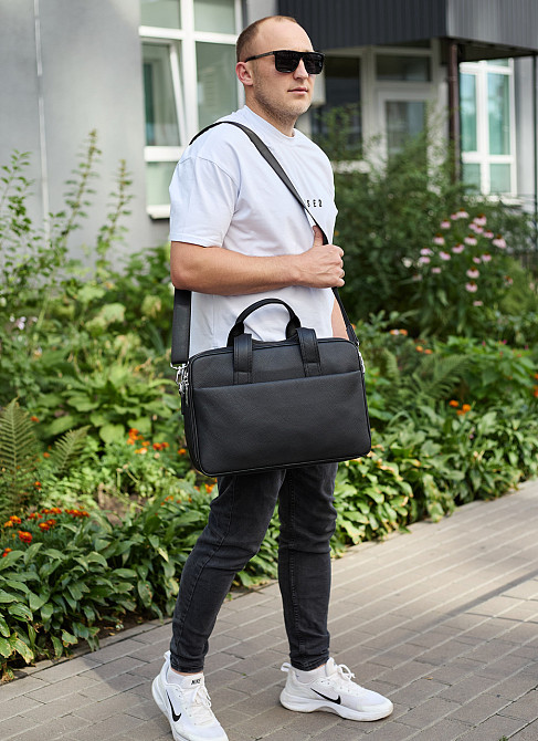 Мужской портфель на плечо 40х28х10, офисный кожаный мессенджер, мужская деловая сумка для города, черный Киев - изображение 8