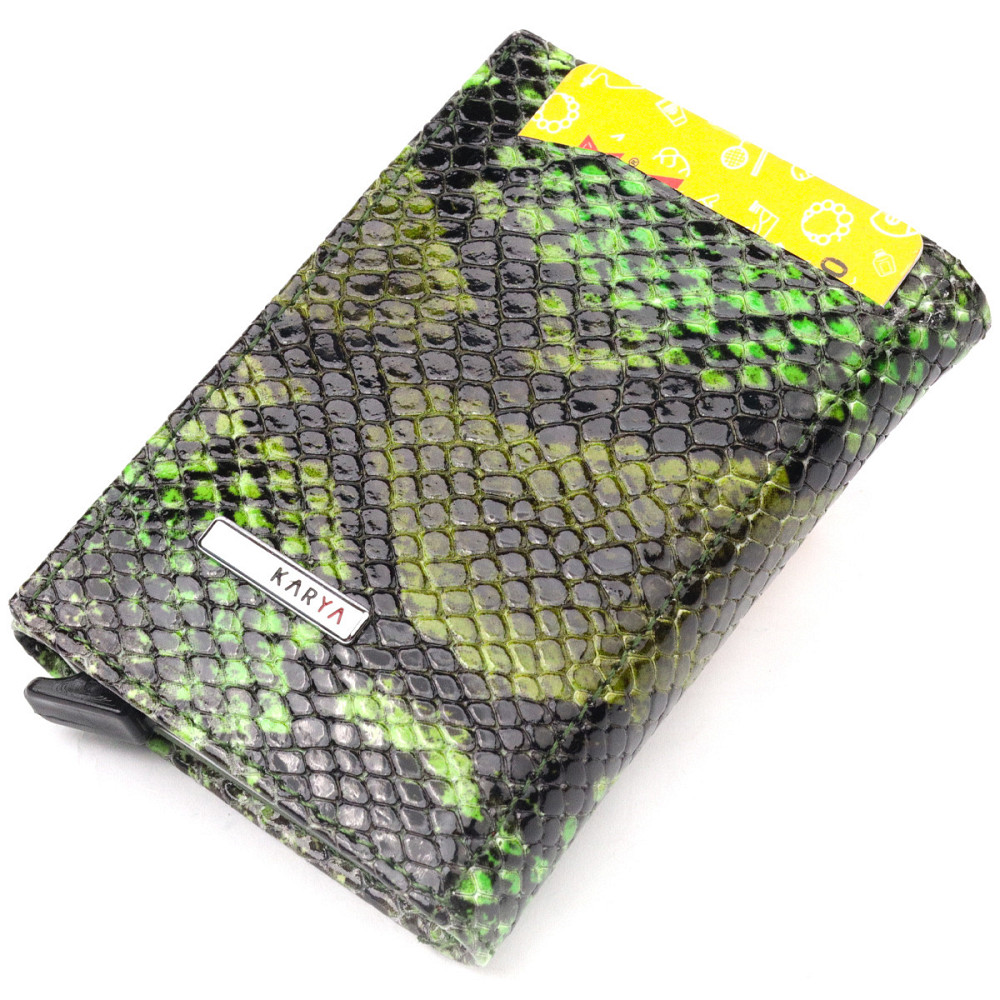 Лакована візитниця з натуральної фактурної шкіри під змію KARYA 20987 Зелений Київ - фото 5