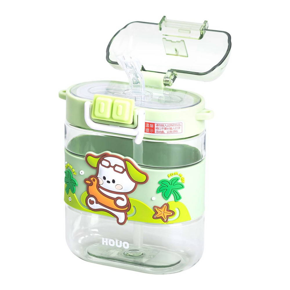 Пляшка для води дитяча з трубочкою та ремінцем 560 мл пляшечка для пиття в школу 15 см Зелена HP-14-36GR Коломия - фото 5