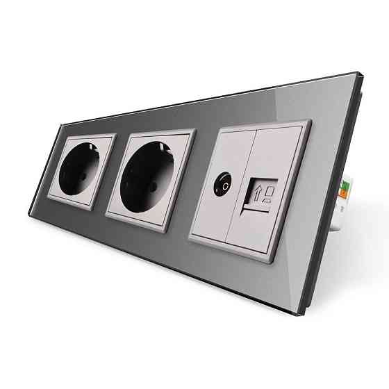 Розетка тримісна комбінована Силова Інтернет ТБ Livolo сірий скло (VL-C7C2EU1C1V-15) Коломыя