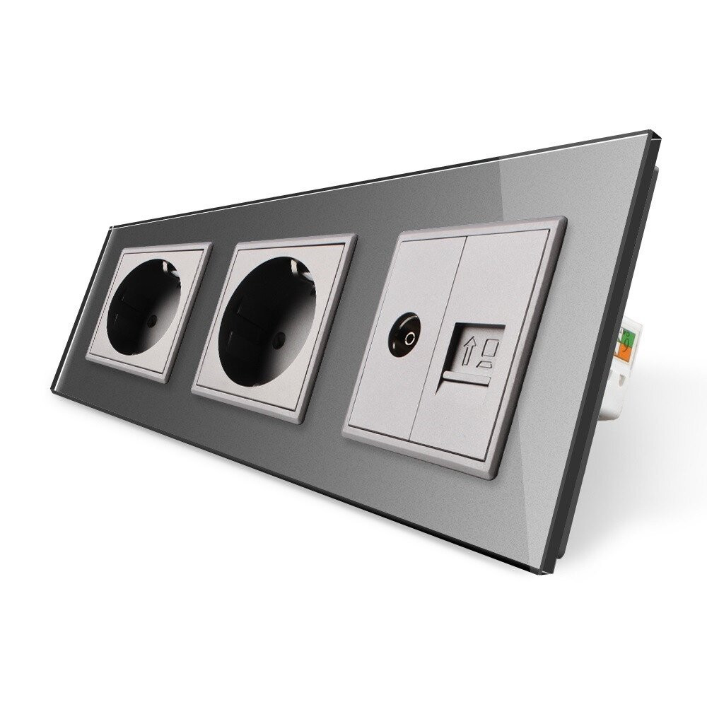 Розетка тримісна комбінована Силова Інтернет ТБ Livolo сірий скло (VL-C7C2EU1C1V-15) Коломия - фото 4