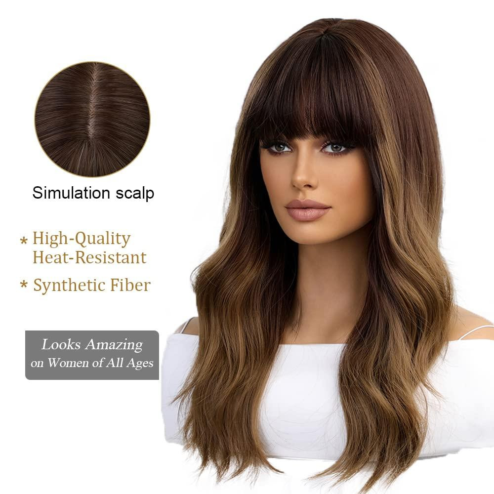 Парик женский каштановый омбре волнистый с челкой 51 см длинный, термостойкие синтетические волосы коричневые Киев - изображение 3