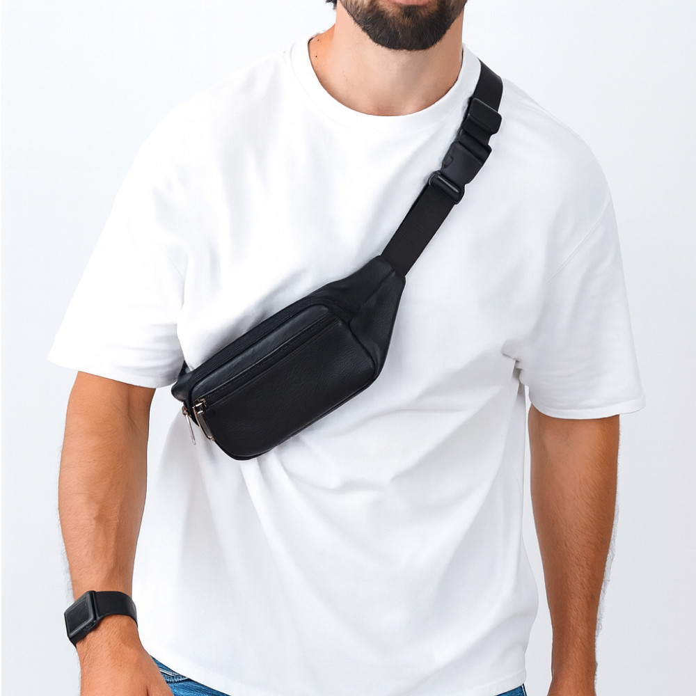 Сумка бананка мужская кожаная, Повседневная мужская сумка на грудь поясная бананка черная IX-18 Львов - изображение 7