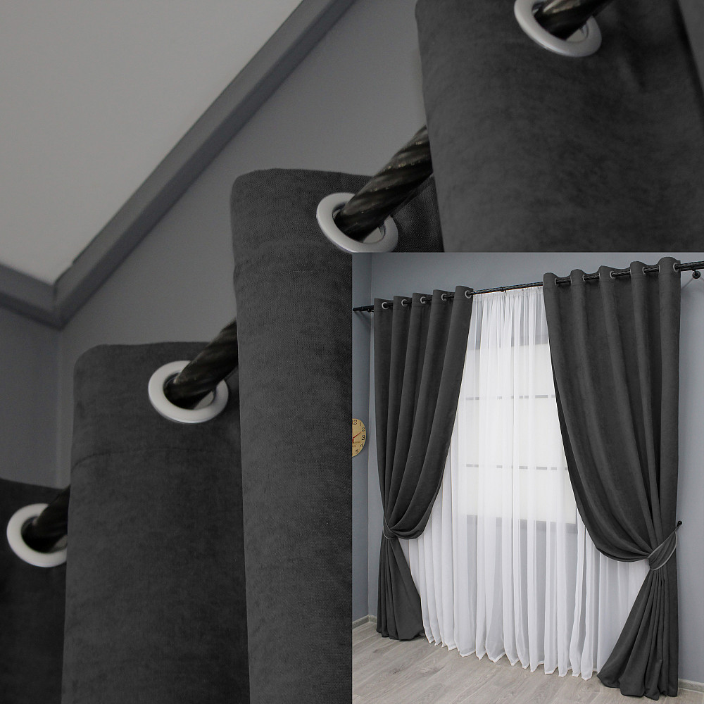Комплект штор на люверсах VR-Textil Микровелюр Petek № 1495ш 150х270 см 2 шт Темно-сірий (37-0213) Київ - фото 1