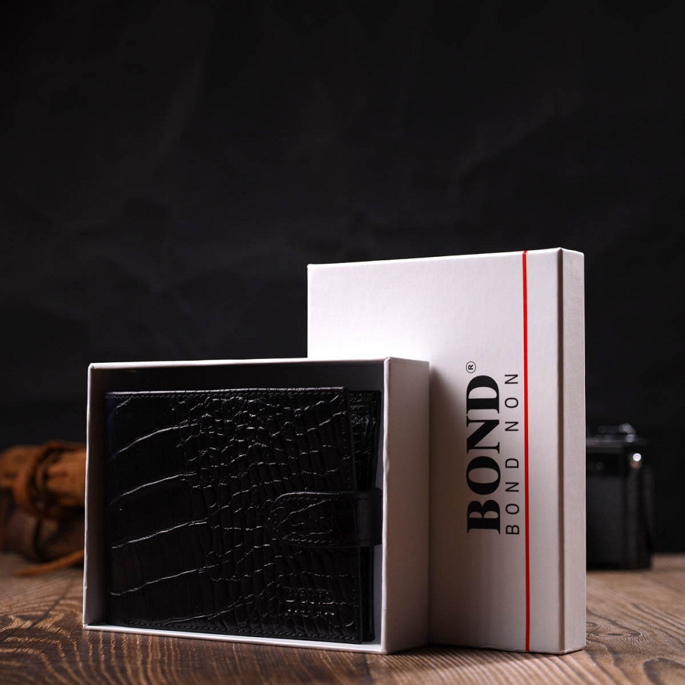 Модный бумажник для мужчин из натуральной фактурной кожи с тиснением под крокодила BOND 21995 Черный Киев - изображение 1