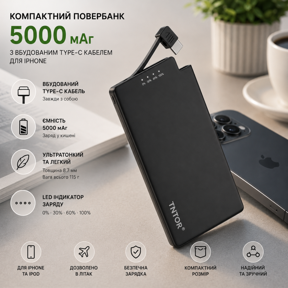 Повербанк Auskang Slim 5000 мА·ч со встроенным кабелем USB Type-C, ультратонкий, LED-индикатор Киев - изображение 1