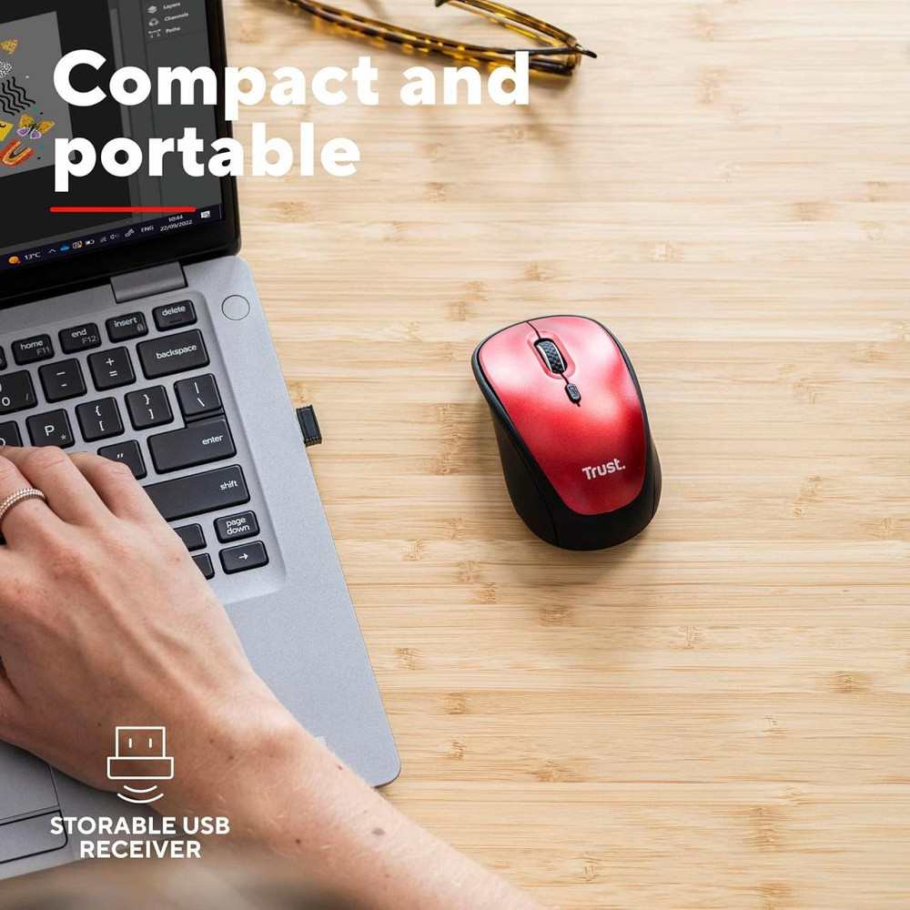 Мышь Trust Yvi+ Красная бесшумная беспроводная 800–1600 DPI амбидекстная с USB Micro ресивером компактная Киев - изображение 9