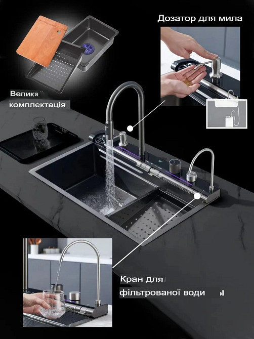 Кухонная раковина водопад темно-серая Willda,кухонная мойка водопад темно-серая 68х46х22 (383378831) Киев - изображение 5