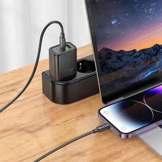 Мережевий зарядний пристрій з кабелем HOCO N61 Gentle PD20W+QC3.0 charger set(C to iP) Black Одеса