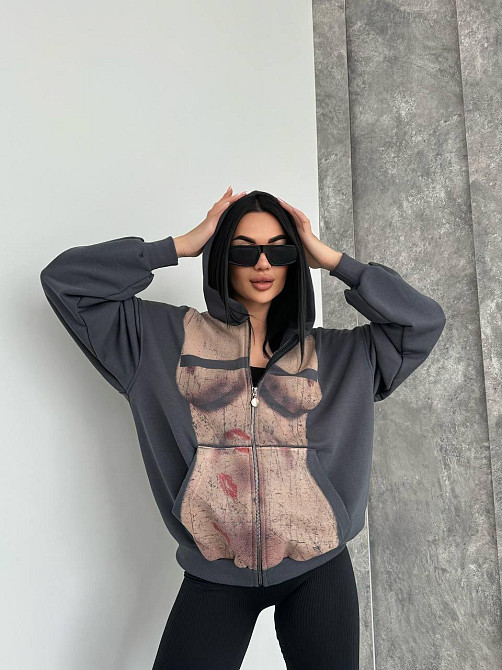 Женская стильная оверсайз худи с капюшоном на молнии петля пенье + турецкая рибана Графит, 42/46 Одесса - изображение 3