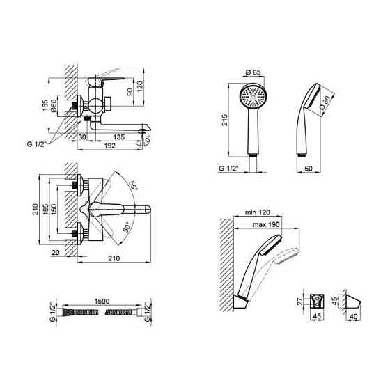 Змішувач для ванни Lidz (BLA) 14 43 006-1 New з душовим гарнітуром, чорний Київ