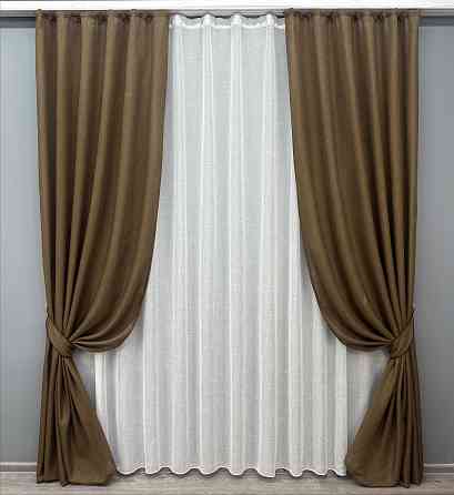 Комплект штор VR-Textil Льон Мішковина 150х270 2шт і Тюль 400х270 1476ш-115т Коричневий з білим 71-028/3 Київ