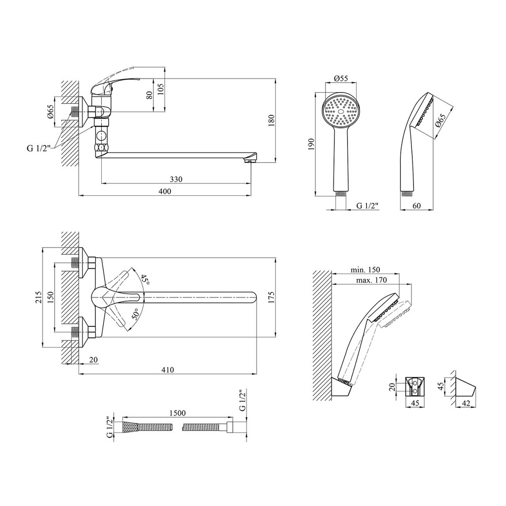 Змішувач для ванни Agua Leon - C070 з душовим гарнітуром, хром Київ - фото 2