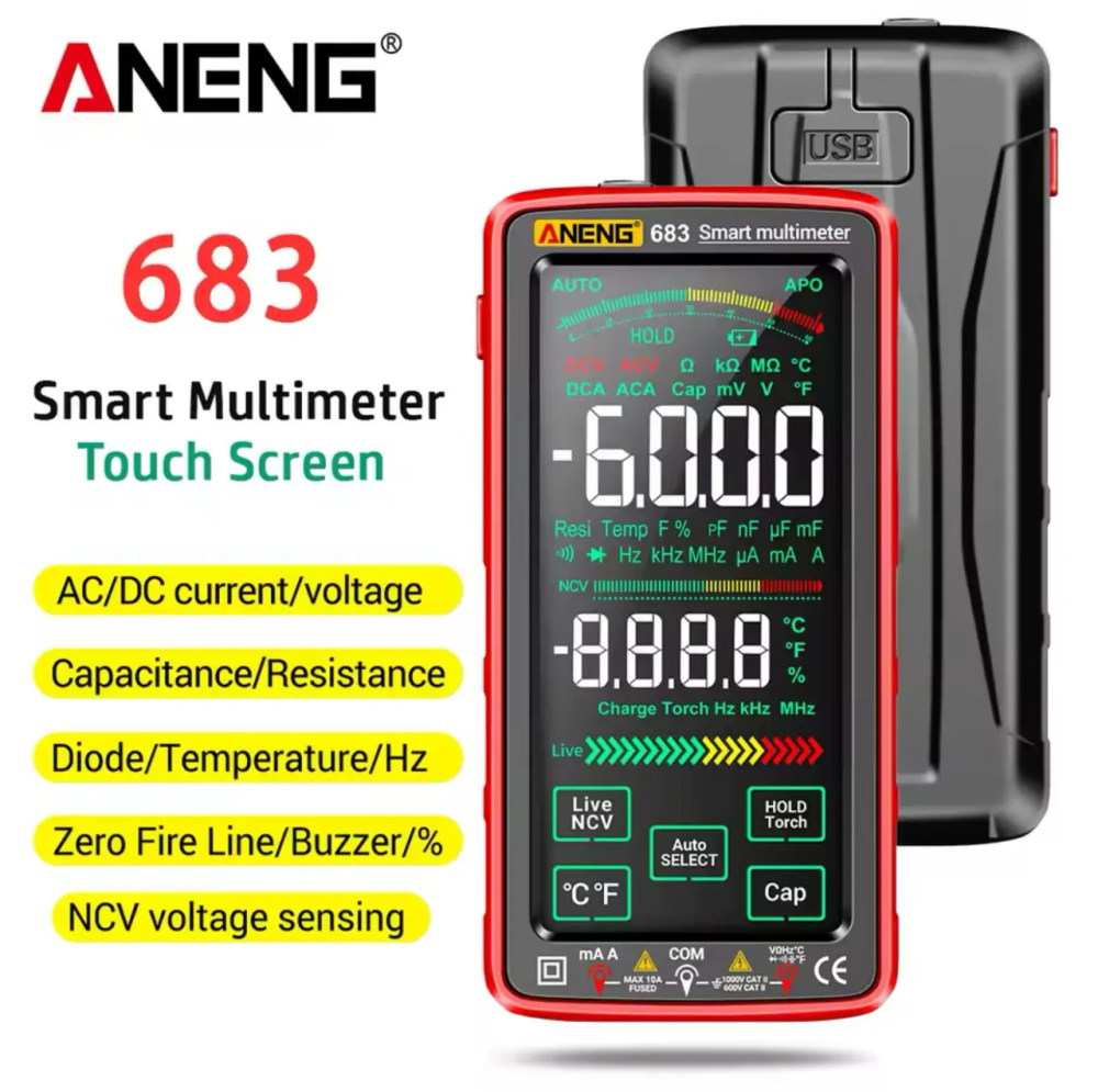 Мультиметр тестер Aneng 683 сенсорный с встроенным аккумулятором AC/DC 10A/1000V с NCV и True RMS (Красный) Винница - изображение 3