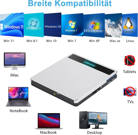 Зовнішній DVD-RW привід COMDARHC 5 в 1 USB 3.0/Type-C, CD/DVD рекордер, кардридер SD/TF, 2 USB-порти, алюмінієвий корпус, сумка Київ