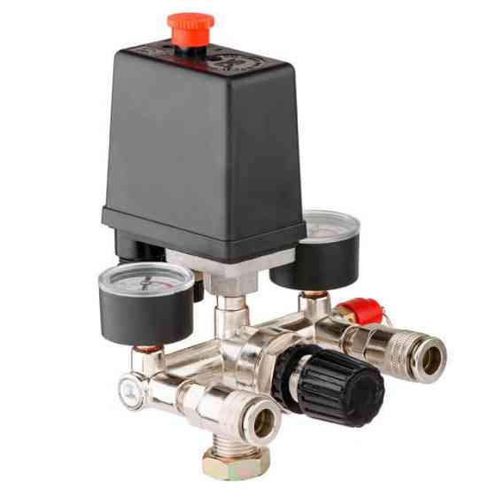 Пресостат 220 В (блок автоматики компресора) в зборі: пресостат, редуктор, 2 манометри, запобіжний клапан, 2 виходи INTERTOOL Киев