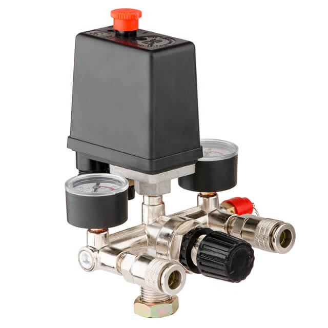 Пресостат 220 В (блок автоматики компресора) в зборі: пресостат, редуктор, 2 манометри, запобіжний клапан, 2 виходи INTERTOOL Киев - изображение 3