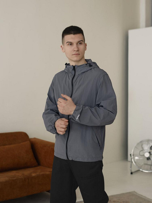Чоловіча вітровка легка куртка спортивна з капюшоном літо-весна Pobedov Neon темно-сіра Одеса - фото 3