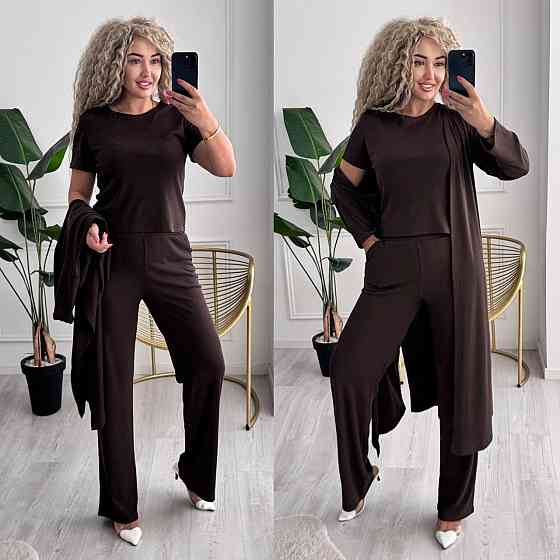 Женский базовый прогулочный костюм тройка: кардиган футболка и штаны трикотажный рубчик Шоколад, 52/54 Одесса
