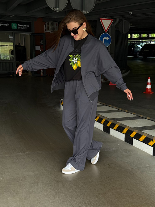 Женский костюм оверсайз с широкими брюками из двунитки Графитовый 42/44 Харьков - изображение 6