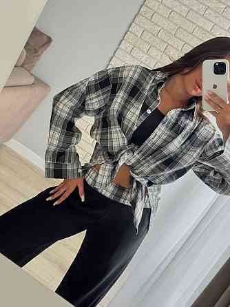 Женский прогулочный костюм тройка: рубашка в клетку топ и штаны фланель + двунитка Серый, 42/44 Одесса