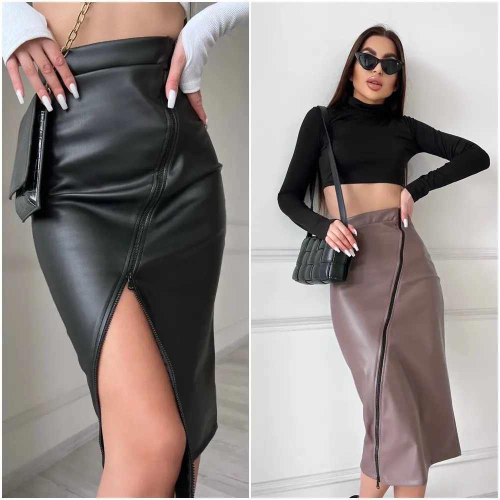 Кожаная юбка миди с разрезом 