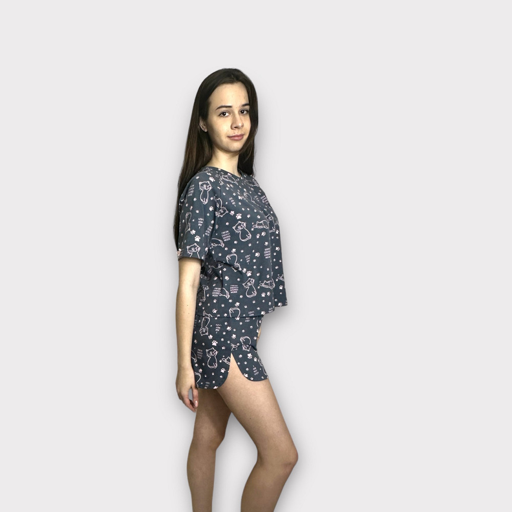 Пижама женская с шортами хлопок Розовый котики Cерая S/M Харьков - изображение 3