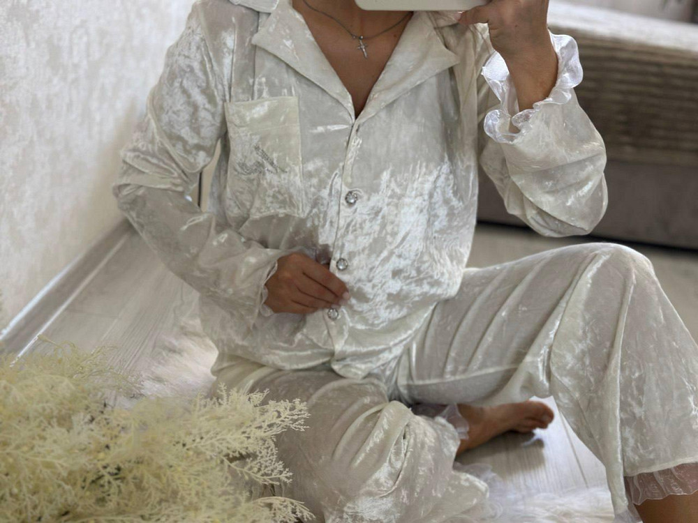 Жіноча домашня повсякденна піжама з мармурового велюру Молочний, 50/52 Одеса - фото 1