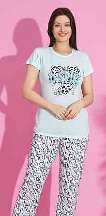 Жіноча принтована піжама-двійка: футболка та штани Блакитні, 46 Одеса