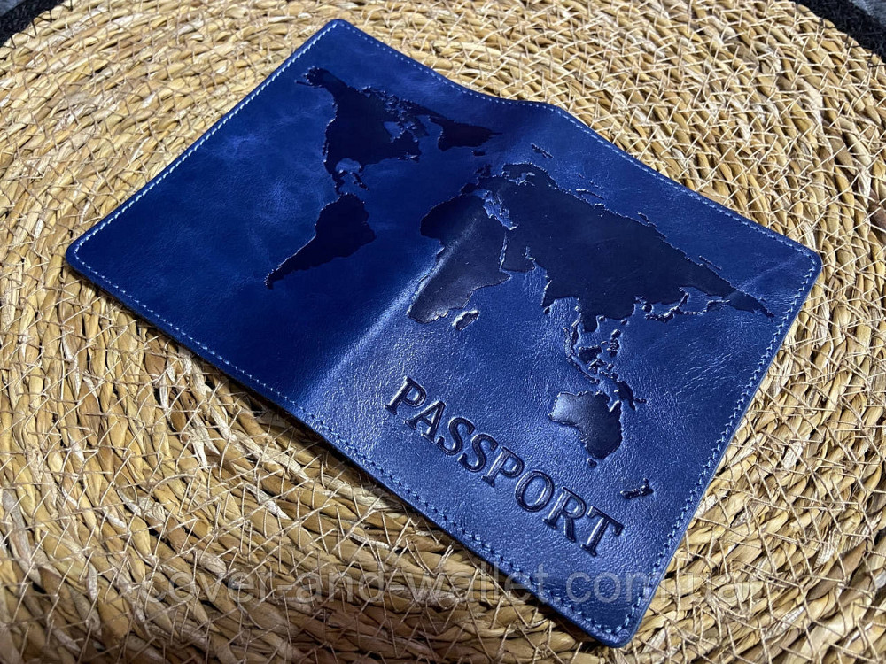 Синя шкіряна обкладинка на паспорт карта світу ST Leather Київ - фото 8
