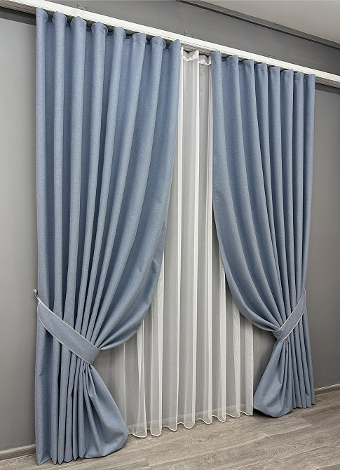 Комплект штор VR-Textil 100% блекаут ASHEN NIGHT 200х270 2шт і Тюль 500х270 1839ш-1153т блакитний з білим 71-069/6 Київ - фото 2