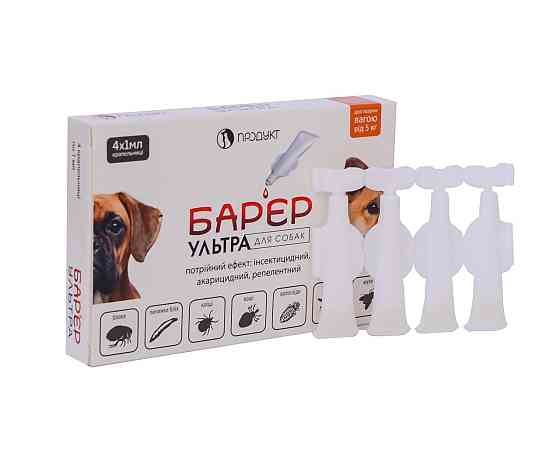Барьер Ультра капли от блох и клещей для собак 5 - 10 кг (4 ампулы х 1 мл), Продукт (срок до 08.2026 г) Винница