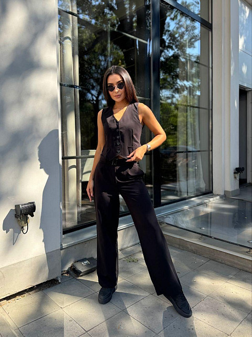 Женский брючный костюм двойка: жилет и брюки турецкая костюмка Черный 2, 44 Одесса - изображение 5