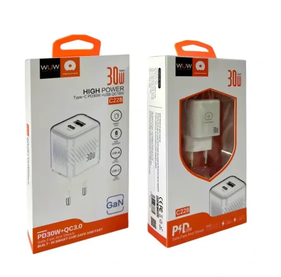 Зарядний пристрій WUW C228 220В 30Вт з портами USB і Type-C, підтримка швидкої зарядки 5В/9В/12В для гаджетів Одеса