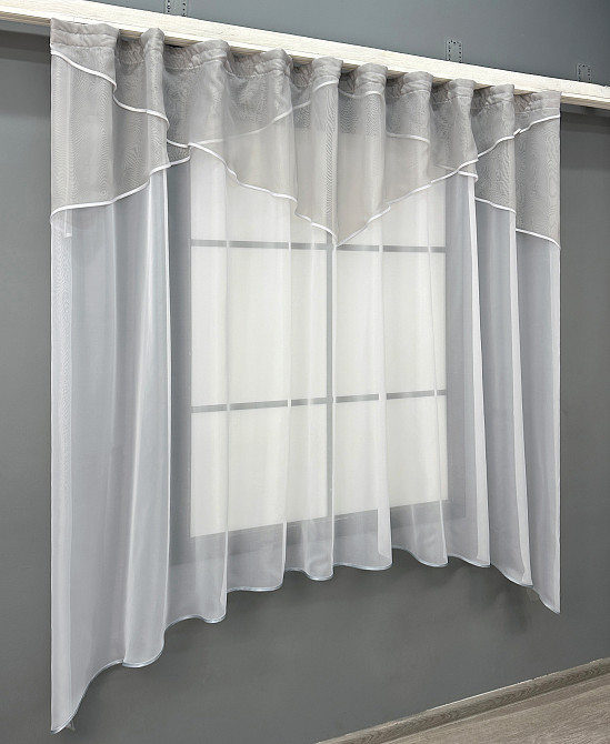 Кухонный тюль арка с ламбрекеном VR-Textil № 025к серый с белым 270х170 см (52-1217) Киев - изображение 2