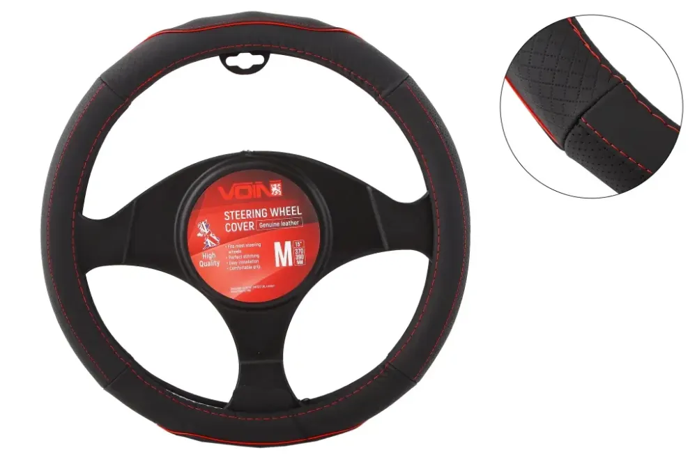 Оплетка на кермо шкіра M без запаху Voin L282-M чорний (червона нитка) Вінниця - фото 1