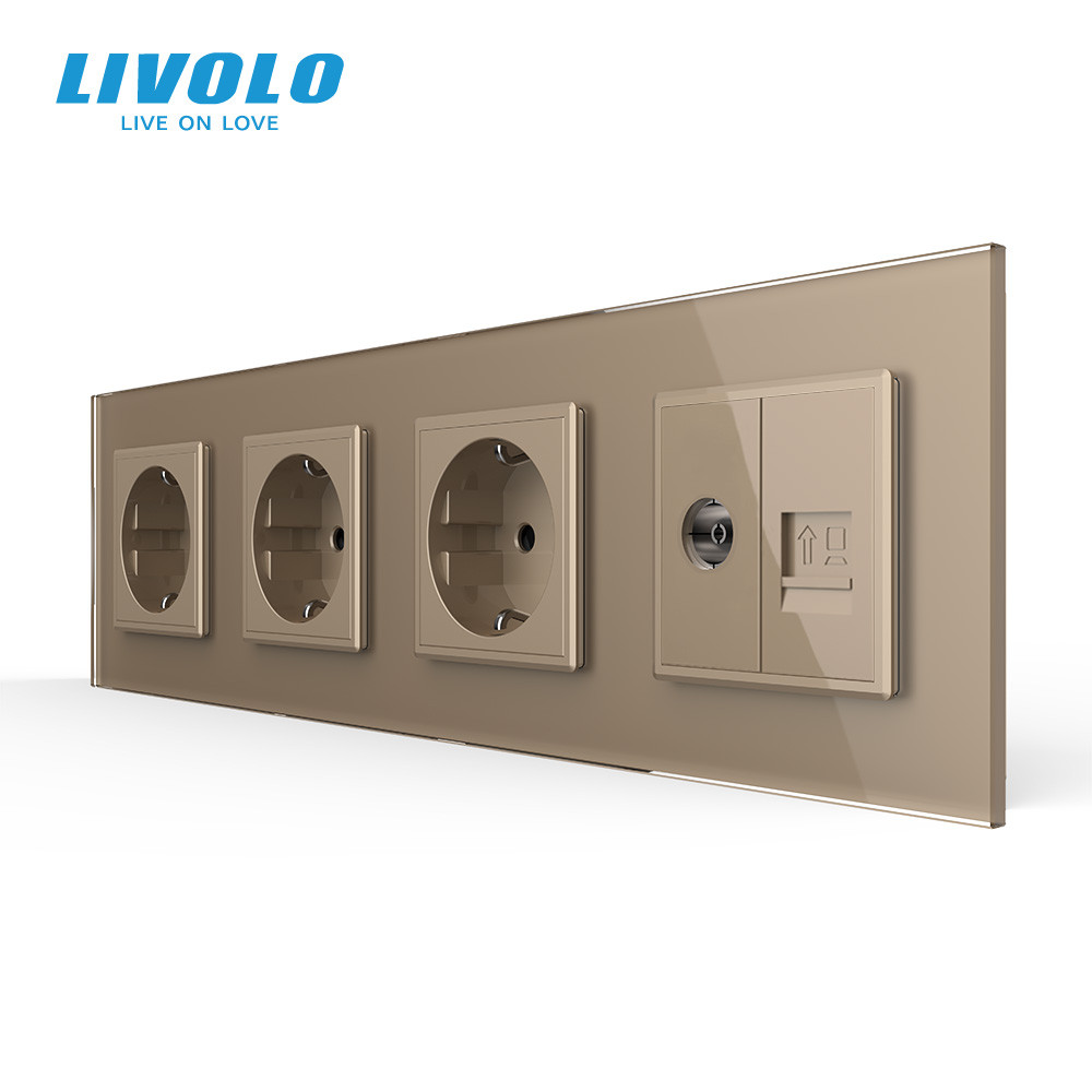 Розетка чотиримісна комбінована Силова Інтернет ТБ Livolo золото скло (VL-C7C3EU1C1V-13) Коломыя - изображение 1
