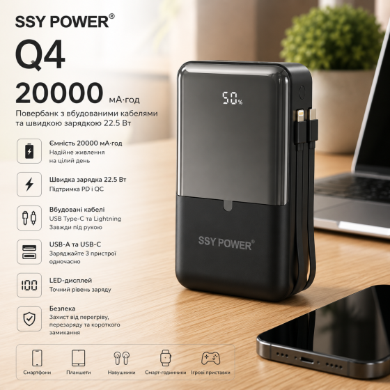Повербанк SSY POWER Q4 20000 мА·ч 22.5 Вт, быстрая зарядка, встроенные кабели USB Type-C и Lightning, LED-дисплей, USB-A, USB-C Киев