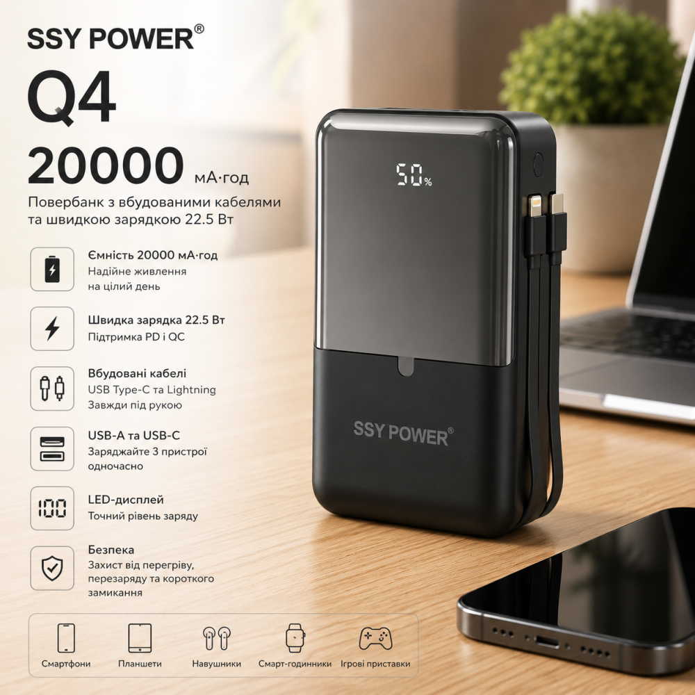 Повербанк SSY POWER Q4 20000 мА·ч 22.5 Вт, быстрая зарядка, встроенные кабели USB Type-C и Lightning, LED-дисплей, USB-A, USB-C Киев - изображение 1
