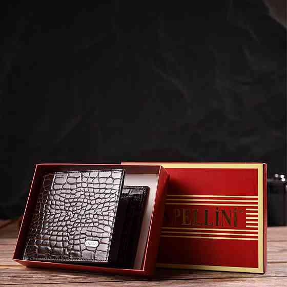 Горизонтальный мужской бумажник среднего размера из натуральной кожи с тиснением под крокодила Коричневый (CANPELLINI) Киев