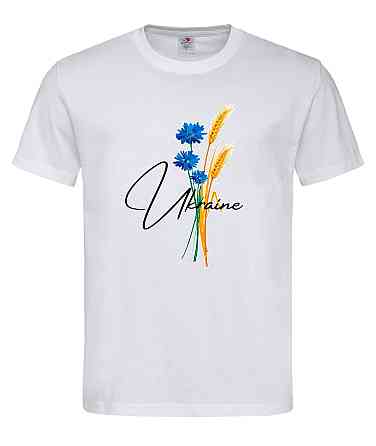 Женскаяфутболка Ukraine с васильками и колосьями Белый, XL Городище
