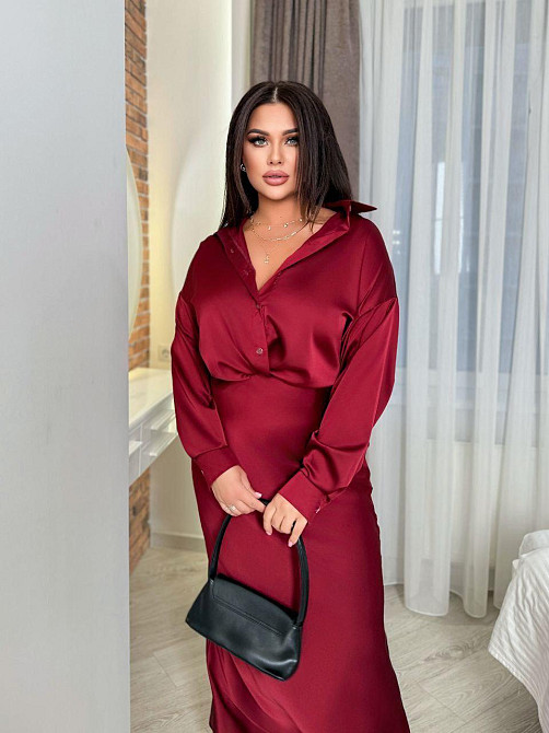 Шелковая женская рубашка свободного фасона со спущенным плечом итальянский шелк Бургунди, 42/46 Одесса - изображение 1